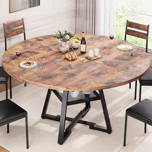 Jocoevol Esstisch Runder für 4-6 Personen, Esszimmertisch mit Ablage, platzsparender Küchentisch aus Holz im Industrial Design (Vintage Braun, 130x130x76cm)