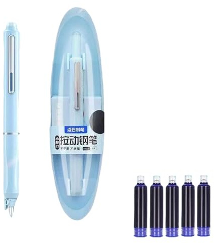 lmoikesz Retractable Fountain Pen Set, 0.38mm Clicktech Pen with 5 Ink Cartridges & Case,Prevent Dry-Out Ergonomic Grip Fountain Pens for Writing (Blue, Blue)