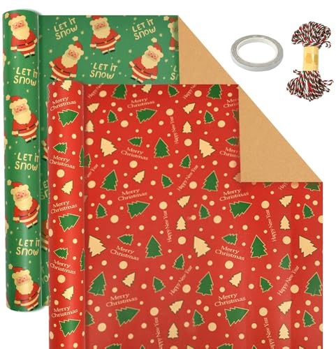 VGECEE 2 Rollen Geschenkpapier Weihnachten kraftpapier 43cm x 15m Weihnachtsgeschenkpapier Christmas Wrapping Paper Verpackungspapier Weihnachten Geschenkverpackung Papier für Weihnachtsfeier