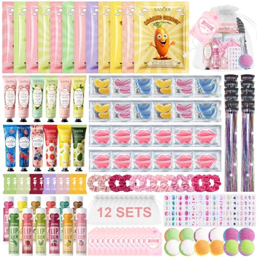 Lot de 144 accessoires de fête spa pour filles et femmes, comprend des masques faciaux, une crème pour les mains, un baume à lèvres, un masque pour les yeux, un masque à lèvres, des bombes de bain