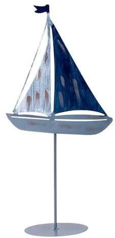 levandeo Deko Aufsteller Segelboot H35cm Grau Blau Weiß Metall Tischdeko Maritim Dekofigur Bad Baddeko Tischaufsteller