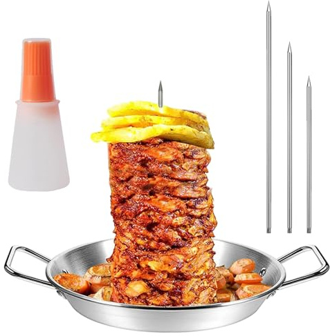 Piatto e spiedo per kebab, padella per kebab con 10 spiedini verticali in acciaio inossidabile con punte rimovibili di 3 dimensioni e spazzola per bottiglie di olio per pollo intero, pesce, salsicce
