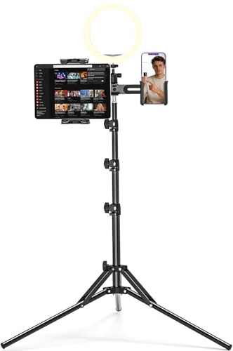 JUBORUI 3-in-1 Treppiede per Tablet, Supporto per Tablet Regolabile 160cm, Supporto iPad Treppiede con 2 Supporti per Fotocamera, Microfono, Anello Luci, Compatibile con Tablet 4,7-12,9 e Smartphone