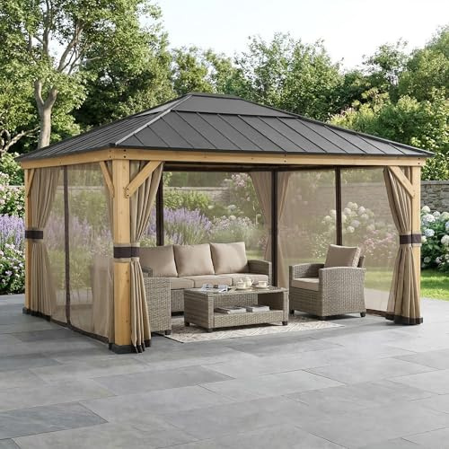 SUNJOY Holz-Hardtop-Pavillon 2,73 x 2,73 m, Zedernholz-Gestell, Stahl-Walmdach mit PC-Oberlicht, Outdoor-Dauerpavillon inkl. Vorhänge & Moskitonetze, Schnee- & UV-Beständigkeit, für Garten