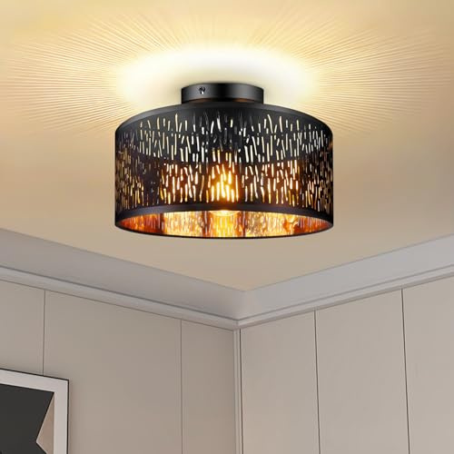 Blakapoo Deckenlampe Schwarz Gold Ø30cm, Durchbrochener Metall Lampenschirm mit E27 Fassung, 1-flammige Vintage Deckenleuchte, Retro Hängelampe für Wohnzimmer Schlafzimmer Küche Flur Esszimmer