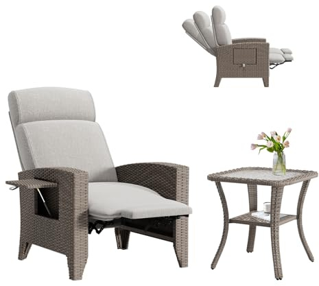 lovtuwr Rattan Gartensessel Set, Relaxliegen mit Verstellbarer Rückenlehne, Sitzkissen, Balkontisch und Abdeckung,Gartenmöbel Liegen (C-(R)+Couchtisch)