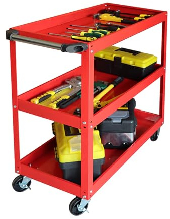 Relaxdays Werkstattwagen, Werkzeugwagen mit 3 Ebenen, mobiler Montagewagen, bis 100 kg, HxBxT: 76 x 35 x 78 cm, rot
