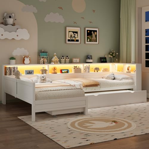 BTM Holz Tagesbett 90x200 mit Stauraum und LED-Licht, Schlafcouch L-Form mit Ausziehbett, Schubladen Weiß (ohne Matratze)