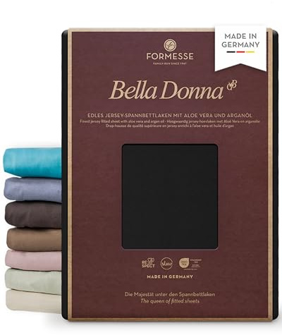 Bella Donna Jersey Alto edles Spannbettlaken Boxspring: glatt, kein Pilling | FORMESSE; Farbe Schwarz; 200x220-200x240cm, bis 45cm; 97% Baumwollzwirn, 3% Elastan; Aloe Vera&Arganöl, intensive Farben