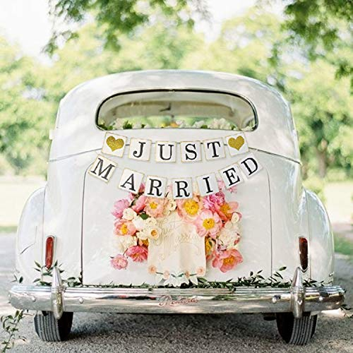 GuassLee JUST MARRIED Banner Auto Dekorationen, Gold Glitter Just Married Schild Girlande für Brautdusche Dekorationen, Foto Requisiten und Auto Dekorationen