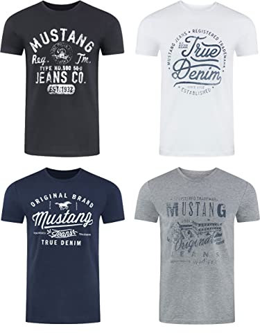 MUSTANG Tshirt Herren Baumwolle Regular Fit 4er Pack Set Rundhals Kurzarm Sommer Tee Shirt Logoprint, Größe:S, Farbe:Farbmix (P10)