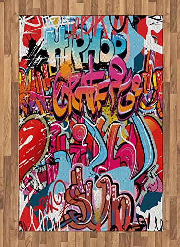 ABAKUHAUS Graffiti Teppich, Hip Hop Street Art, Flachgewebe Deko-Teppiche für das Wohn-,Schlaf-, und Essenszimmer, 120 x 180 cm, Magenta Aqua