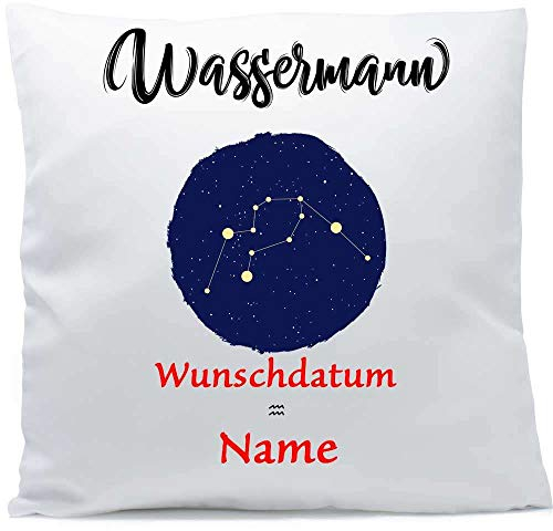 SL-Store GbR Kissen mit Namen Sternzeichen Wassermann Datum 40x40 cm inkl. Füllung Kuschelkissen Wunschtext, Kissen Farbe:Vorderseite weiß/RS rot