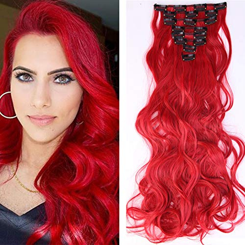SEGO Clip In Hair Extensions 8pcs Premium Quality Synthetic Hairpieces Curly Wavy Full Head Sets 140g, 24 Inch, Dark Red