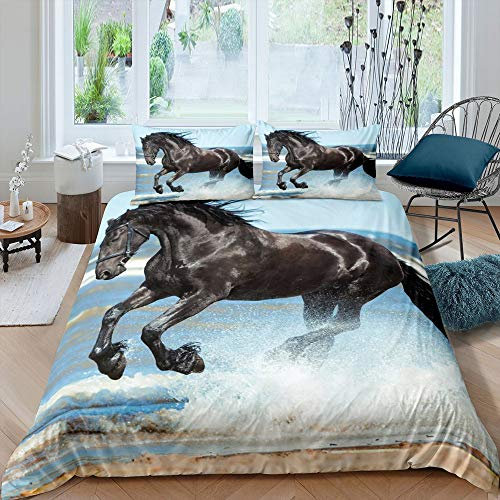 Schwarzes Pferd Bettwäsche-Set Run Horse Water Bettwäsche Set 135x200cm Thema der Tiere Betten Set für Kinder Jungen Mädchen Teenager 2St.Reißverschluss Mikrofaser