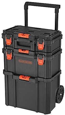 beyond Sistema de almacenamiento apilable BLACK+DECKER BLACK+DECKER BDST60500APB - Juego de 3 piezas (caja de herramientas pequeña, profunda y bolsa rodante)