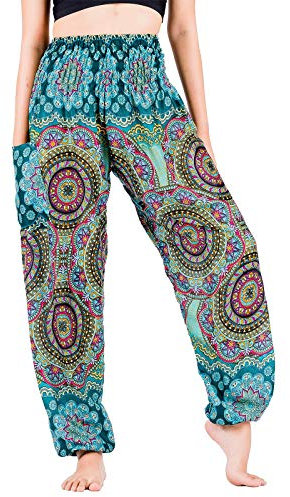 Lofbaz Yoga Boho Hosen für Damen Harem Hippie Kleidung Pyjamas Lounge Bekleidung Jogger Indian Bohemian Tanz Sommer Strand Blühende Blume Blaugrün L