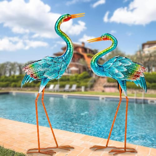 Natelf Crane Statues for Garden Decor, Blue Heron Sculptures, Metal Large Birds Lawn Sculptures & Statues for Patio Pond, Yard Decorations, Set of 2
