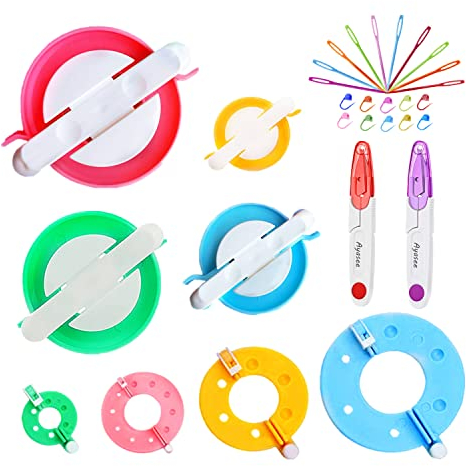 Pompom-Maker-Kits, Bommel-Strickwebstuhl-Set, Flusenkugel-Webernadel, Bastelwerkzeug, 8 PS Pompom-Maker + 10 PS Strickmarker, 10 PS Nadeln + 2 PS Schere (30)