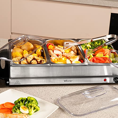 Vencier 3-Pan Buffet Server, 3 x 2.5L Capacity Per Pans, 300W Food Warmer with Adjustable Temperature, Portable Hot Plate & Chafing Dish, Bain Marie Steam Table for Catering & Entertaining