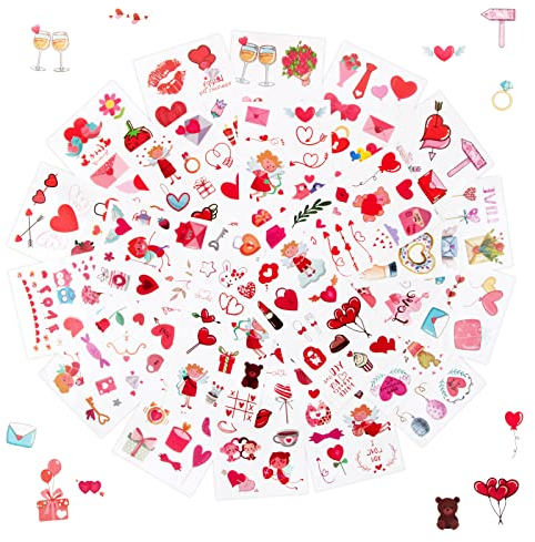 20 Feuilles Tatouages Temporaires Saint-Valentin Autocollants de Peau Adhésifs Faux Tatouage Transfert à l'eau Durable pour Fête Femme Homme Enfant
