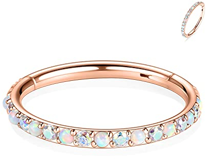 hengkaixuan 16G Nasenringe Creolen Rose Gold Conch Piercing Schmuck Septum Clicker 316L Chirurgenstahl Segment Helix Knorpel Ohrringe Creolen 6mm Daith Piercing Schmuck mit AB CZ White Opal