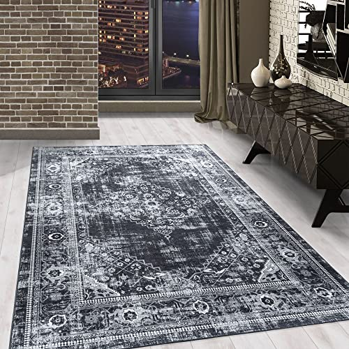Waschbarer Teppich, Didigitaldruck Orientteppiche, Rechteckig, Schwarz - Grau - Weiß Farbe, Flachgewebe, Fußbodenheizung geeignet, Größe:80 x 150 cm