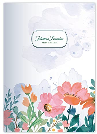 Kartenkaufrausch 16x personalisierte Garten Blumen DIN A4 Schulheft, Rechenhefte im Aquarell Stil gemalt in Rosa Lineatur 28 (kariertes Heft)