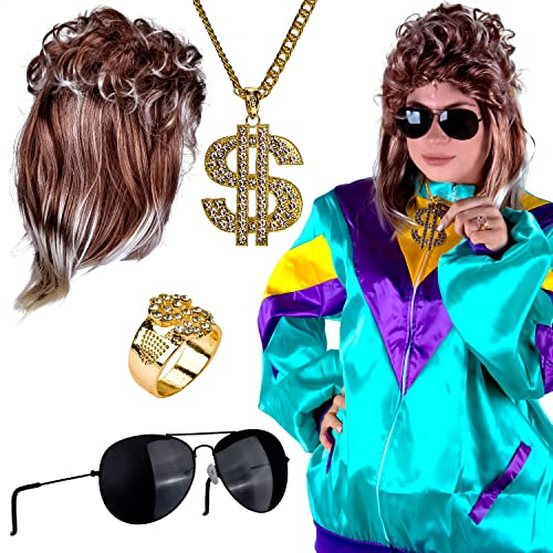 GOODS+GADGETS 6 in 1 80er Outfit Vokuhila Komplett-Set Proll Kostüm mit Unisex NEON Trainingsanzug, Assi Perücke, Bling-Bling Ring, Goldkette und Piloten-Sonnenbrille - für Fasching & Karneval