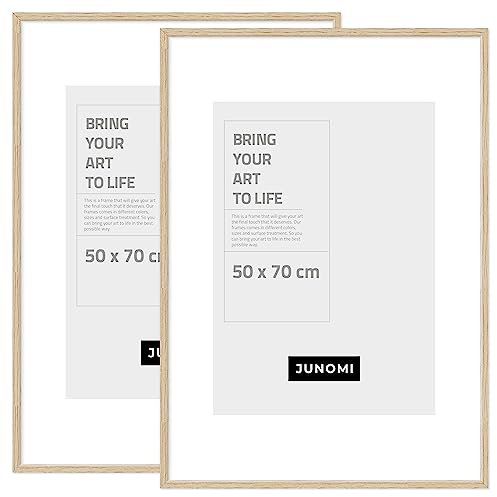 JUNOMI® 2er Set Bilderrahmen 50x70 cm Holz | Farbe Eiche | Posterrahmen mit bruchsicherem Acrylglas | Hoch- & Querformat zur Wandmontage, schmales Profil