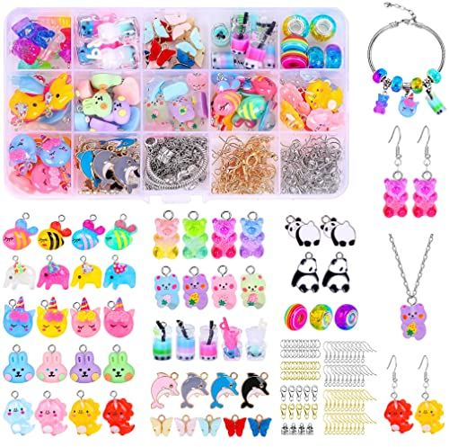 Souarts 98PCS Charms Schmetterling Bär Biene Einhorn Anhänger Set mit 106 Zubehör für Ohrringe Armband Halskette Schlüsselanhänger Handy Kette, Schmuck Selber Machen Set mit Aufbewahrungsbox