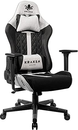 KRAKEN CHAIRS Gaming Stuhl Stoff Ergonomisch 3D Armlehnen 150°, Grau | Stoff Gamingstuhl mit Mesh, Dual-Sponge-Polsterung, 3D-Armlehnen, 90-150° Rückenlehne und Lendenkissen