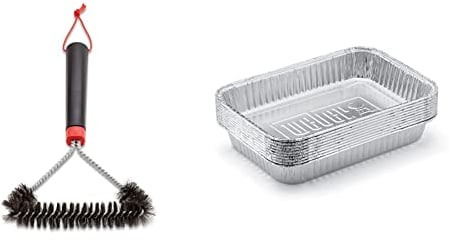 Weber 6277 30 cm Three-Sided Grill Brush, Black/Silver & 6415 Drip Pans 10-Piece, Small, Silver