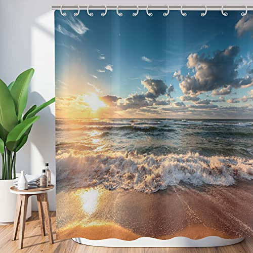 ASDCXZ Rideau de Douche Palmiers Plage 180x220 cm, Bord de mer d'été Plage de Sable Bleu Ciel Soleil Vague Lavables Textile Rideau Douche imperméable pour Baignoire avec 12 Crochets