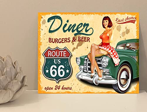 1x Diner Route 66 Rustic Metal Plaque Sign Gift House Novelty (mt424) (250mm x 200mm)