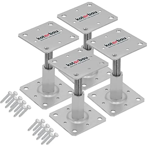 KOTARBAU® 4er Set Pfostenträger 110 x 110 mm Höhenverstelbar 90 – 150 mm Pfostenschuh Galvanisch Verzinkt Zum Aufschrauben Stützenfuß Stützfuß Bodenfuß Betonfuß Regulierbar