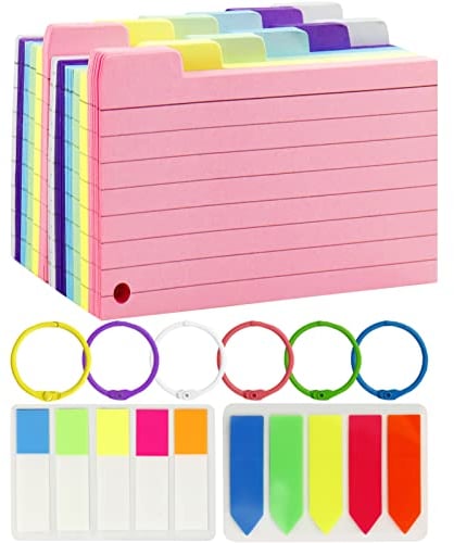 Shinybox 300 Stück Karteikarten, Linierte Karteikarte mit 6 Binderinge, Beschriftete Linien Kraftpapier Karten mit Bunte Haftnotizen, Farbige Karteikarten Indexkarten für Schule Büro Zuhause Lernen