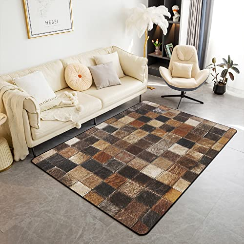 Loussiesd Kuh Pelz Gedruckt Teppich 150x200cm Western Farm Patchwork Teppiche Matte für Wohnzimmer Schlafzimmer Brown Plaid Muster Dekor Moderne Teppich Anti Rutsch Bereich Runner Teppich