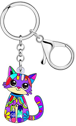 BAMAY Porte Clé Chat Acrylique Porte Clé Voiture Anneaux Bijoux Animaux Cadeaux pour Amoureux des Chats Femme Fille Chaton Charms (Violet 130)