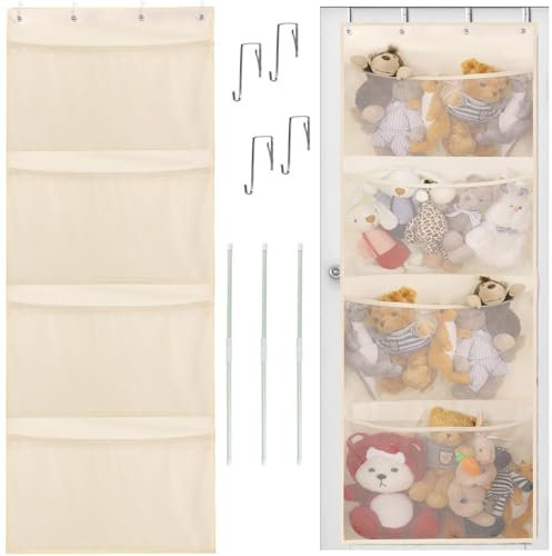 Stuffed Animal Storage, Over The Door Organizer Storage for Closet, Baby, Plush Toy, Stuffed Animal Holder with 4 Large Pockets, Hanging Door Organizer for Nursery, Bedroom, Bathroom, Kids Room(Beige)