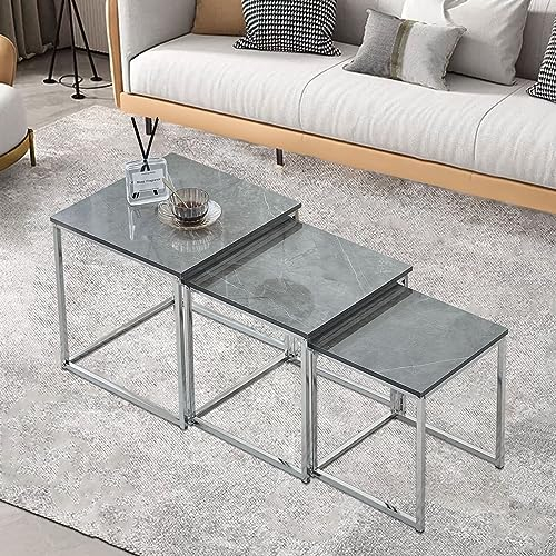 nozama Marble Nest of Tables Set of 3,Grey Gloss Nesting Tables,Sofa End Side Coffee Table for Small Space Living Room Bedroom
