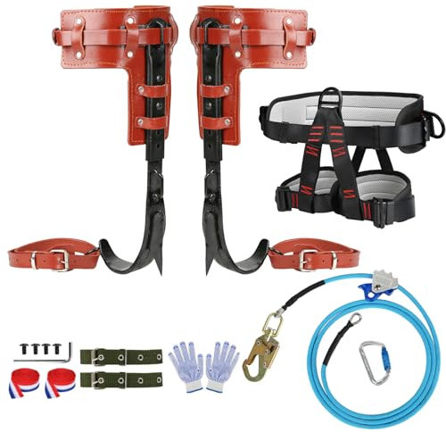 Tree Climbing Spike Set, Climbing Step Gear with Wire-Core Flip Line Kit and Climbing Seat Belt, Adjustable Tree Spikes Arborist Climbing Equipment