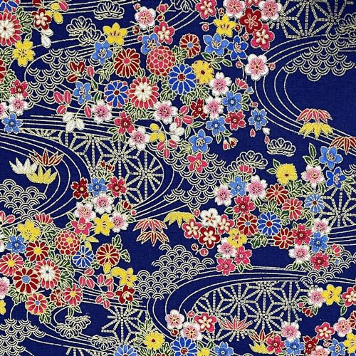 Jukway Baumwollstoff Meterware, 50cm X 145cm, 100% Baumwolle Stoffe zum Nähen Bronzierendes Goldenes Muster, Stoff Meterware Baumwolle Quilten DIY Dekoration Handwerken (02- Muster, Blau)