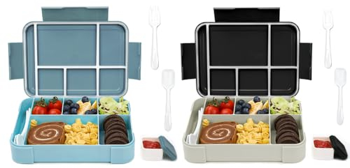 Bugucat Brotdose Kinder mit Fächern 1330ML 2 Set,Lunchbox Kinder Bento Box Auslaufsicher mit 6 Fächern Besteckset,Vesperdose Frühstücksbox für Mädchen Jungen Kindergarten,Blau Cyanblau