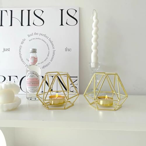 2 Stück Geometrische Teelichthalter,Gold Teelichthalter Metall,Eisen Hohl Kerzenhalter Teelicht,Geometrisches Kerzenständer,Metall Deko Teelichter für Tischdeko,Party,Hochzeit,Weihnachten,Wohnzimmer