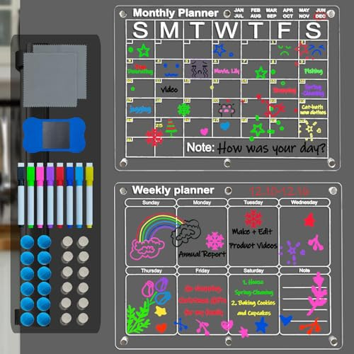 Laysinly Magnetic Acrylic Dry Erase Board Calendar for Fridge, 2 Pcs Clear White Board LED Note Board of 15.74 x 11.81 x 0.16 Monthly and Weekly, 8 Colors Pen, Eraser, Plan, Note (No Light)