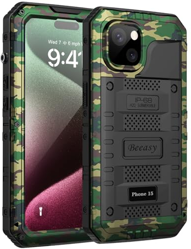 Beeasy für iPhone 15 Hülle Wasserdicht Outdoor Stoßfest Metall Schutzhülle, Militär 360 Grad Panzerhülle Staubdicht mit Displayschutz Robust Hardcase Heavy Duty Handyhülle Case 6,1, Camouflage