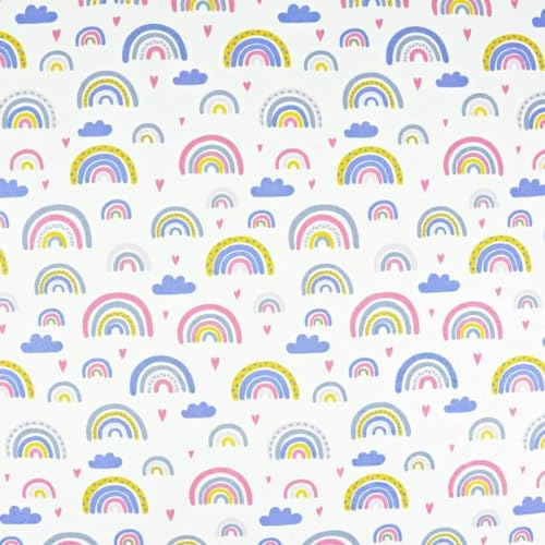 Textrend Baumwollstoff Stoffe Meterware - Stoff zum Nähen - 100% Baumwolle - Textilien 1x1.6m - Stoff mit Kindermuster (Blau-rosa Regenbögen auf weißem Hintergrund)