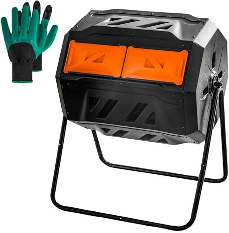 Hourleey Bac à compost d'extérieur de 119 litres à double chambre avec portes coulissantes, bac à composteur rotatif pour jardin, cuisine, cour