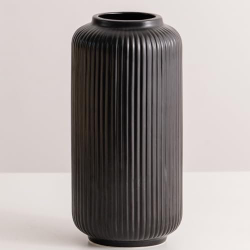Gerippte Vase Schwarz 25 cm Hoch, Modern Blumenvasen aus Keramik für Tischdeko Innenbereich, Deko Vasen für Pampasgras Vasen8